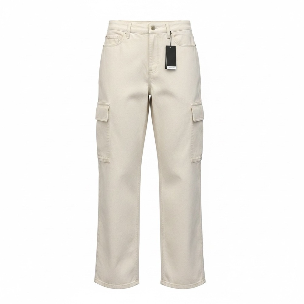 Zara Cargo Pants Women Size 6 Cream Straight Leg High Rise Utility Denim